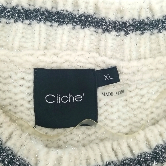 Cliche Ivory Crew Neck Pullover Sweater with Silver Metallic Accents - Picture 2 of 6